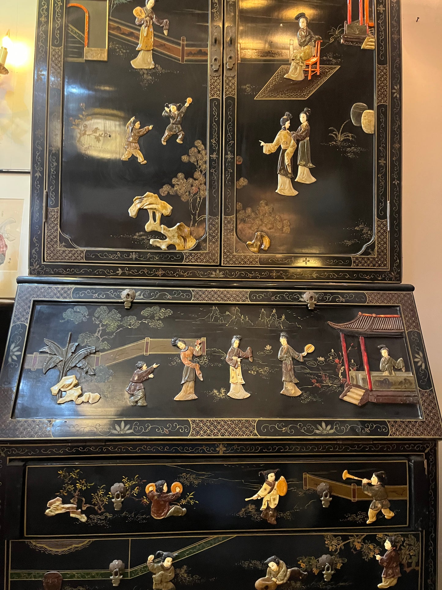 Vintage Black Chinese Chinoserie Secretary