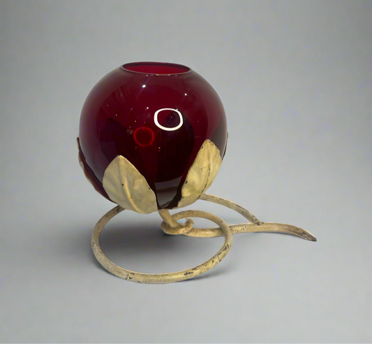 1940s Red Hand Blown Glass Vase Wrought Iron Holder