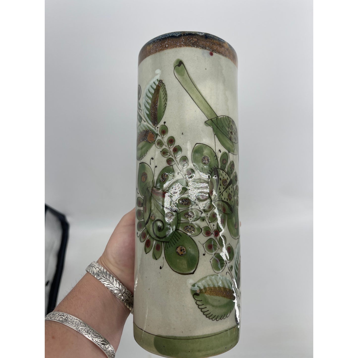 Ken Edwards Tonala El Palomar Mexican Hand Painted Cylinder Vase Birds & flowers - CSSB