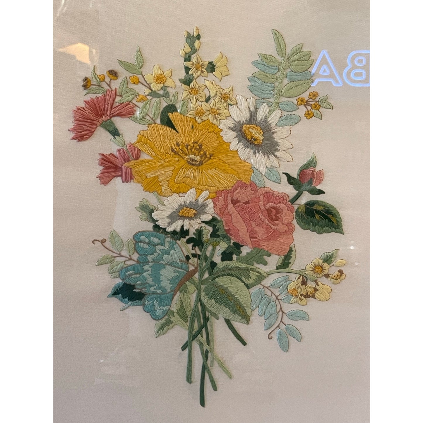 Vintage 1970's Mushroom Crewel Embroidered Floral Bouquet Framed Artwork