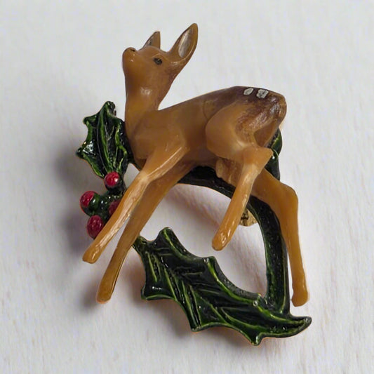 Vtg. Deer Brooch Holly