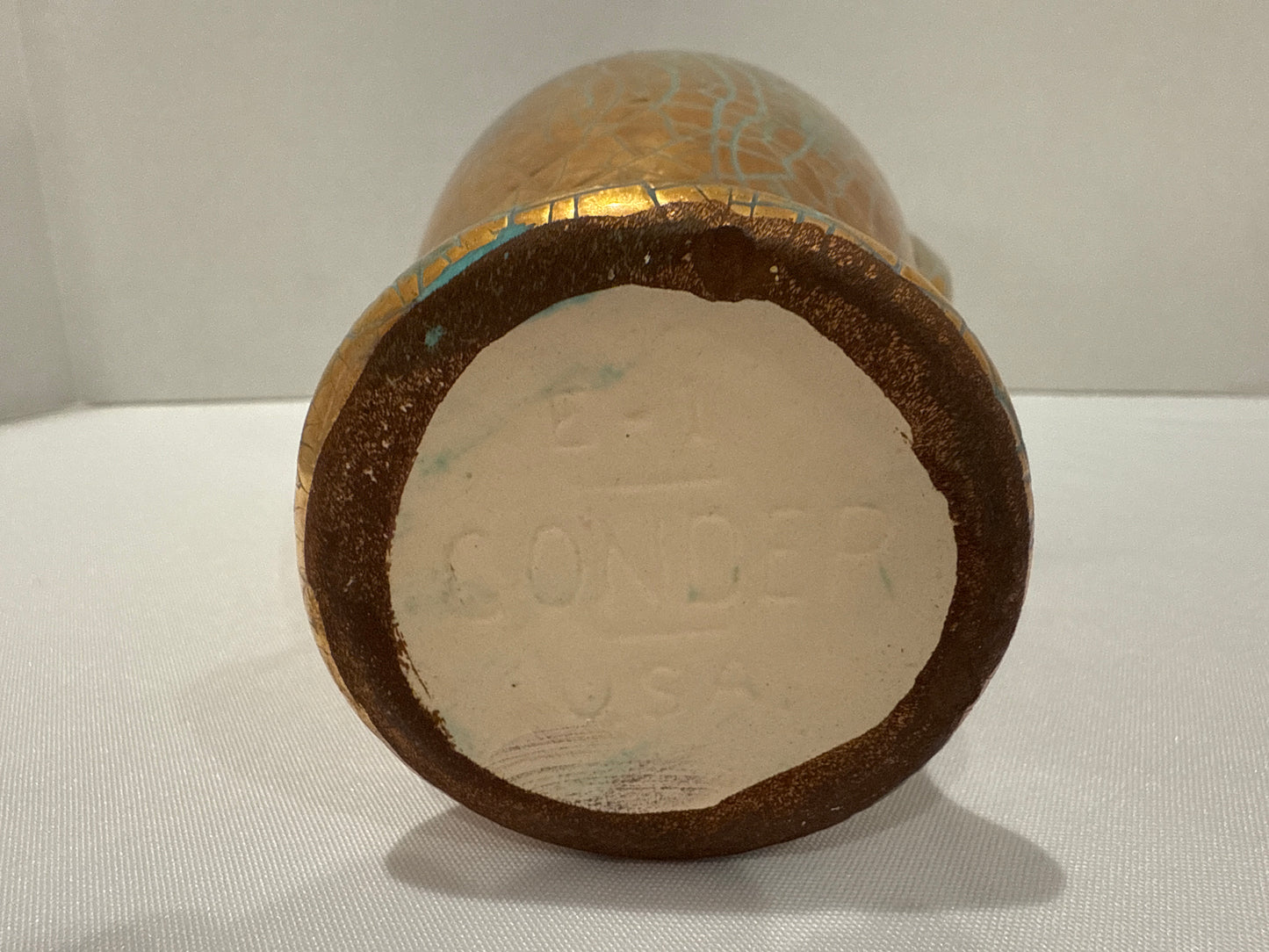 Vtg Gonder USA E Series Crackle Gold Turquoise Pink Glazed Vase
