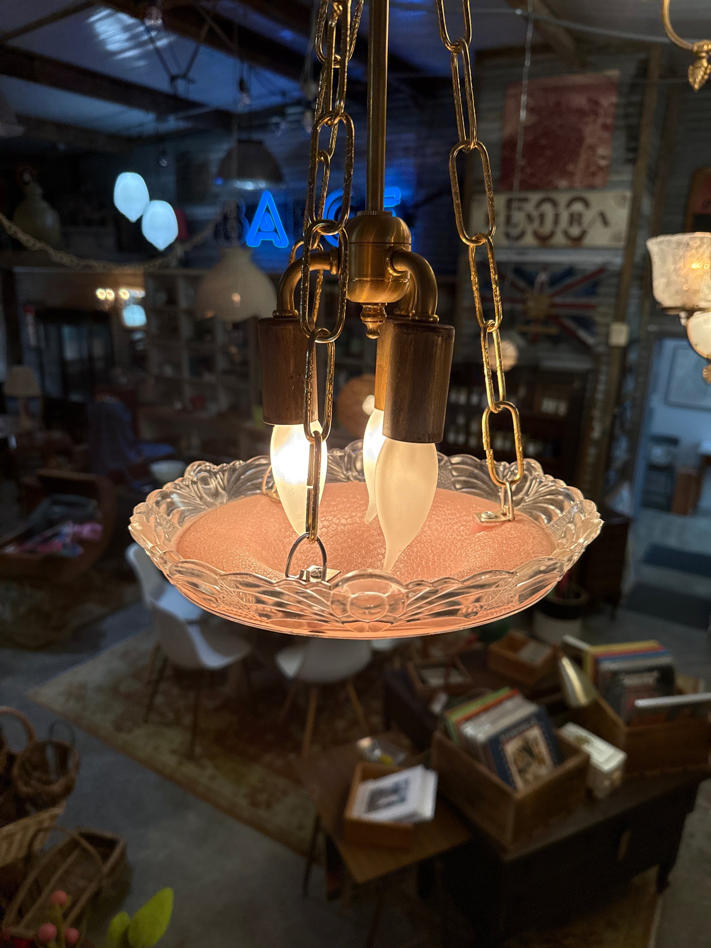 Pink Semi-flushed Beaded Chain Ceiling Light