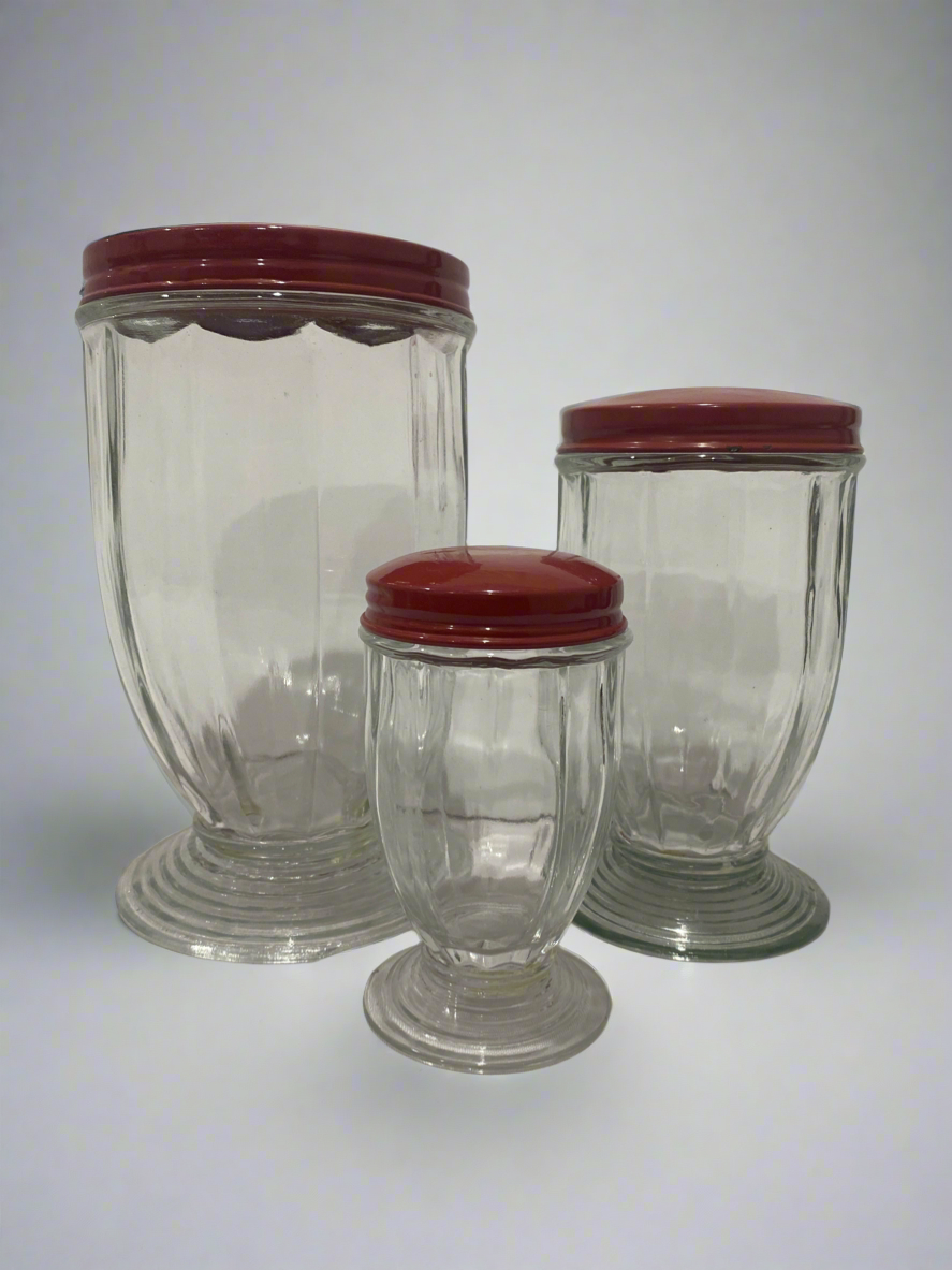 3 Glass Canisters red lid set