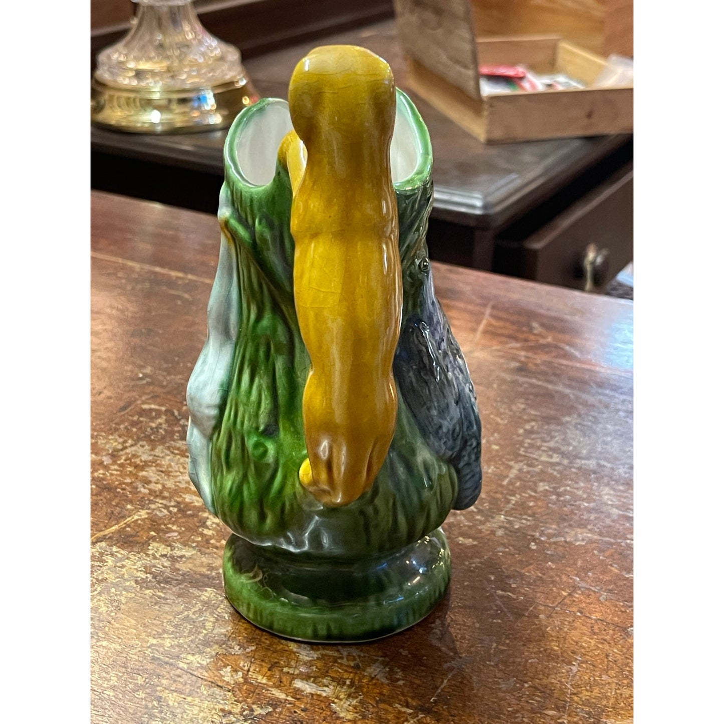 Vintage Majolica Hunting Dog Greyhound Rabbit Duck Handled Footed Pitcher