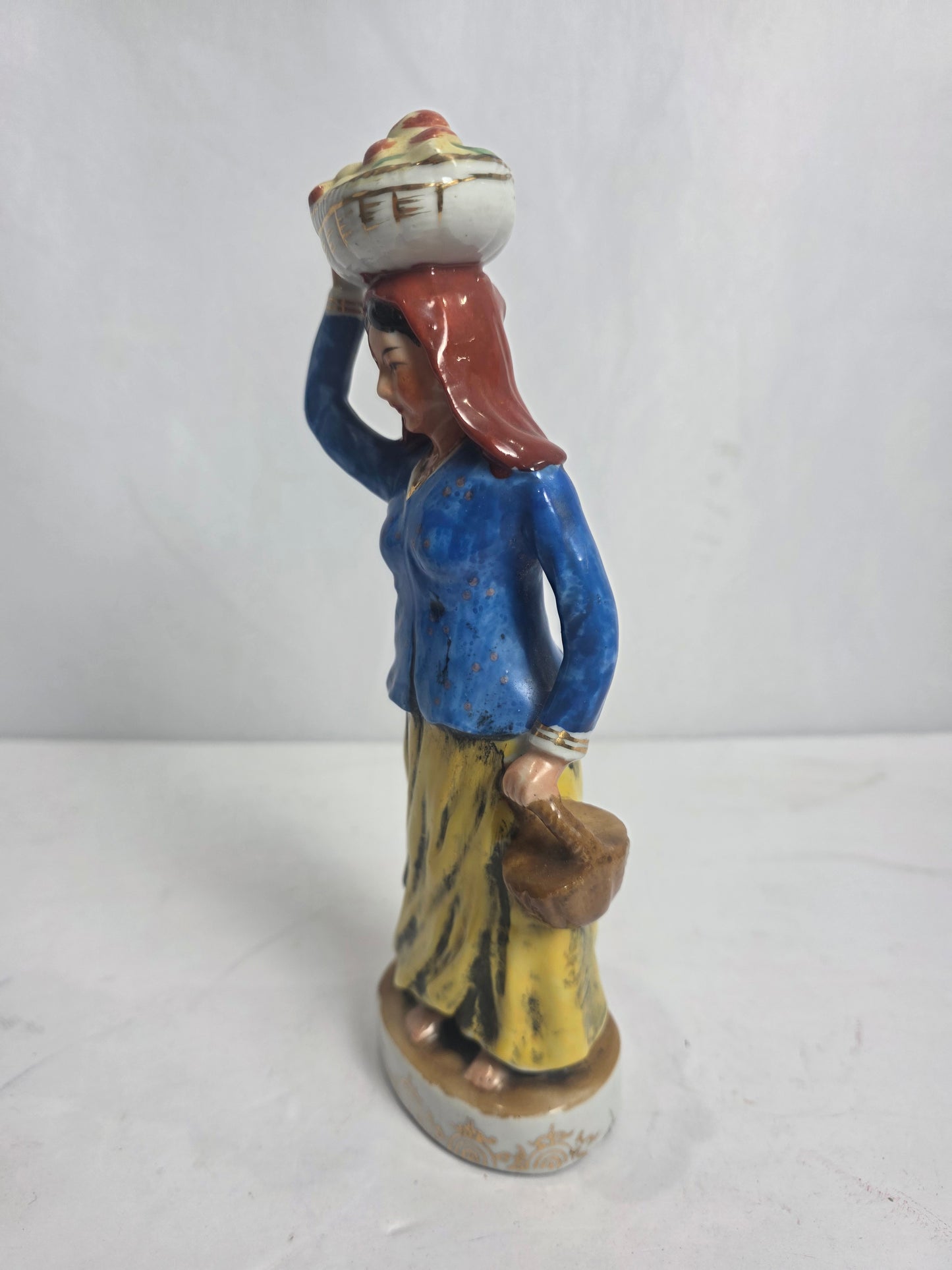 Vtg. Japanese Hand-painted Woman w/ Basket Figurine
