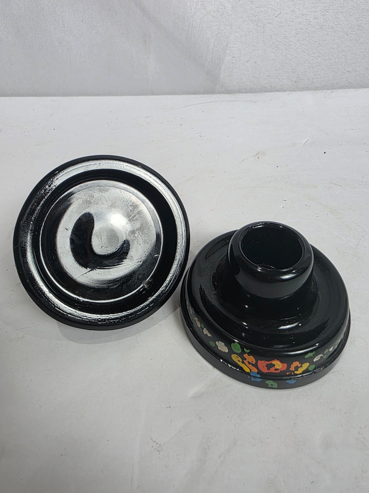 Set of 2 Vtg. Enameled Black Glass Candlestick Holders