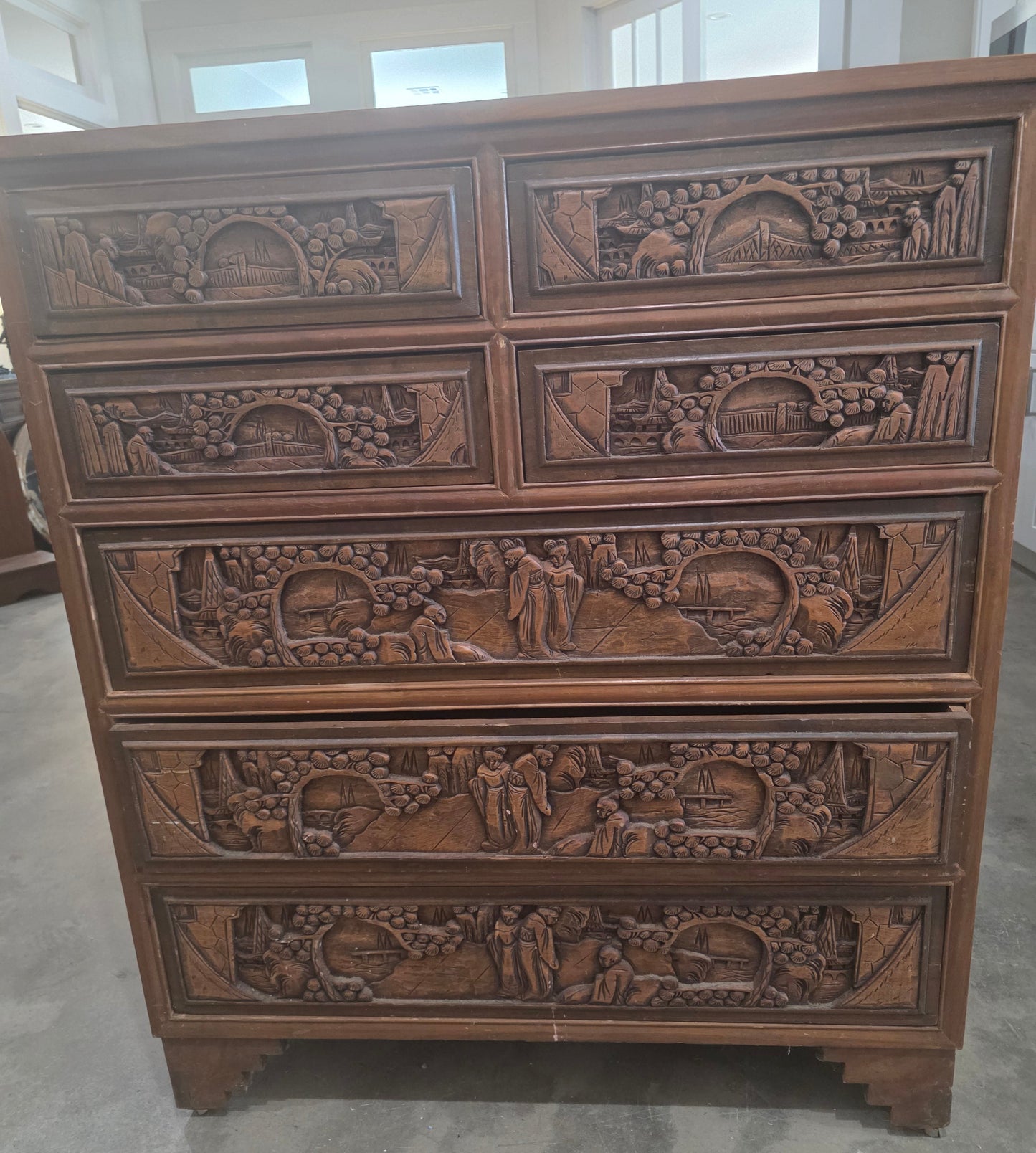 Vtg. Chinese Camphor Wood Carved Relief Chest of Drawers