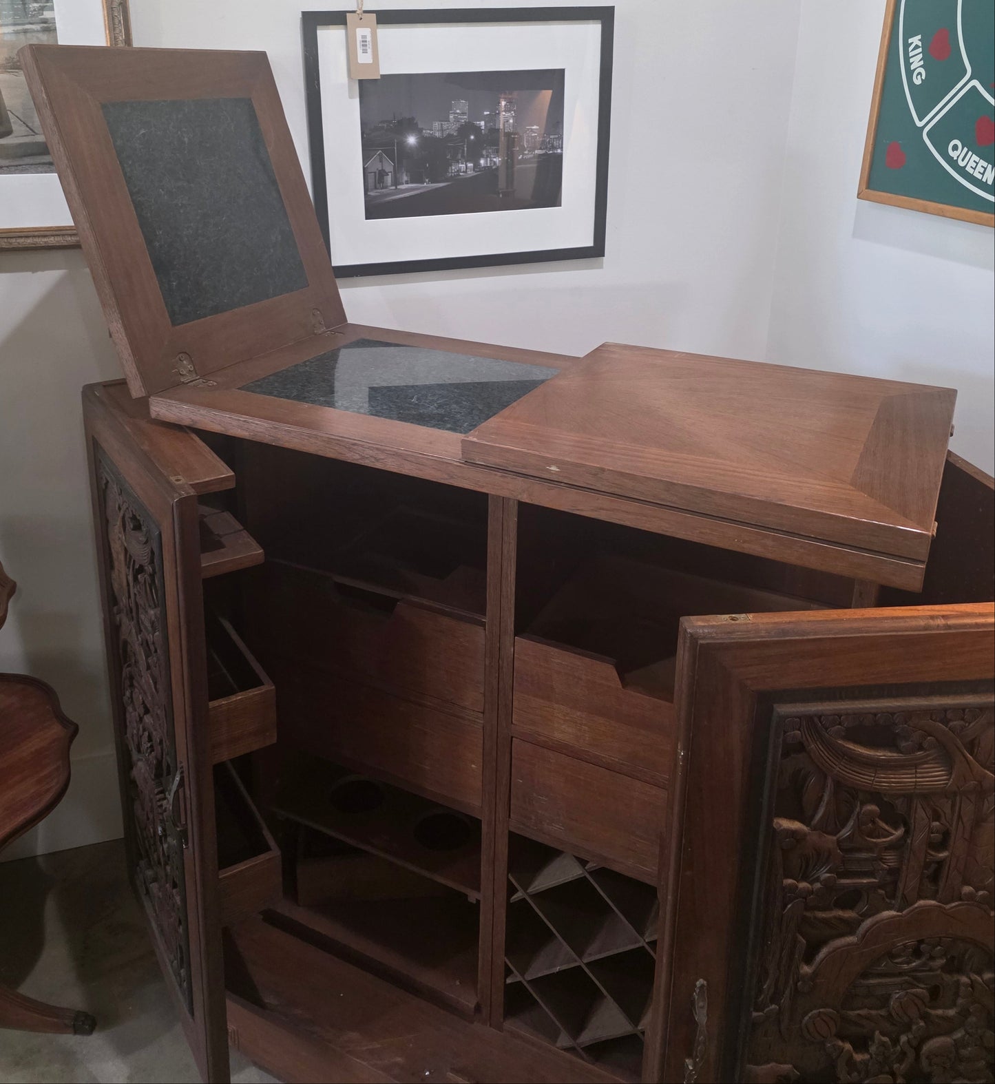 Hand-Carved Asian Flip-Top Dry Bar