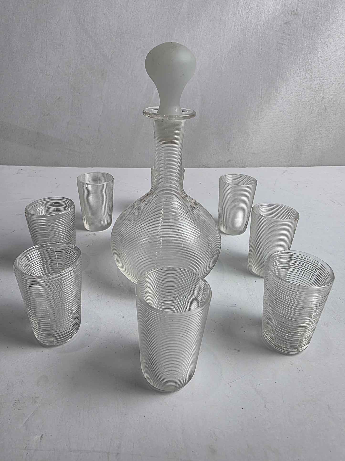 Vtg. Clear Ribbed Glass Decantur/Shot Glass Set (10)