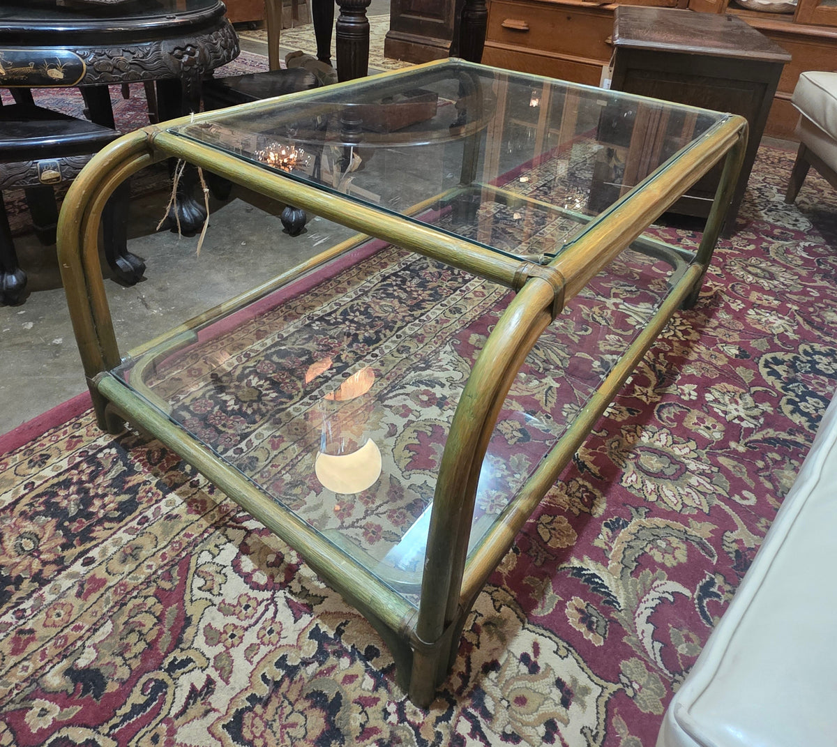 Vtg. MCM Vert Rattan Coffee Table