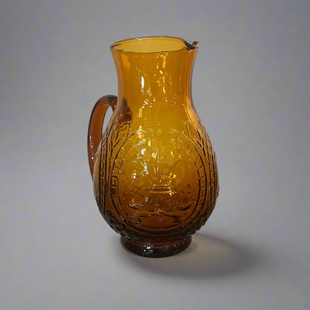Vintage Fleur De Lis Amber Glass Service Carafe and Glasses