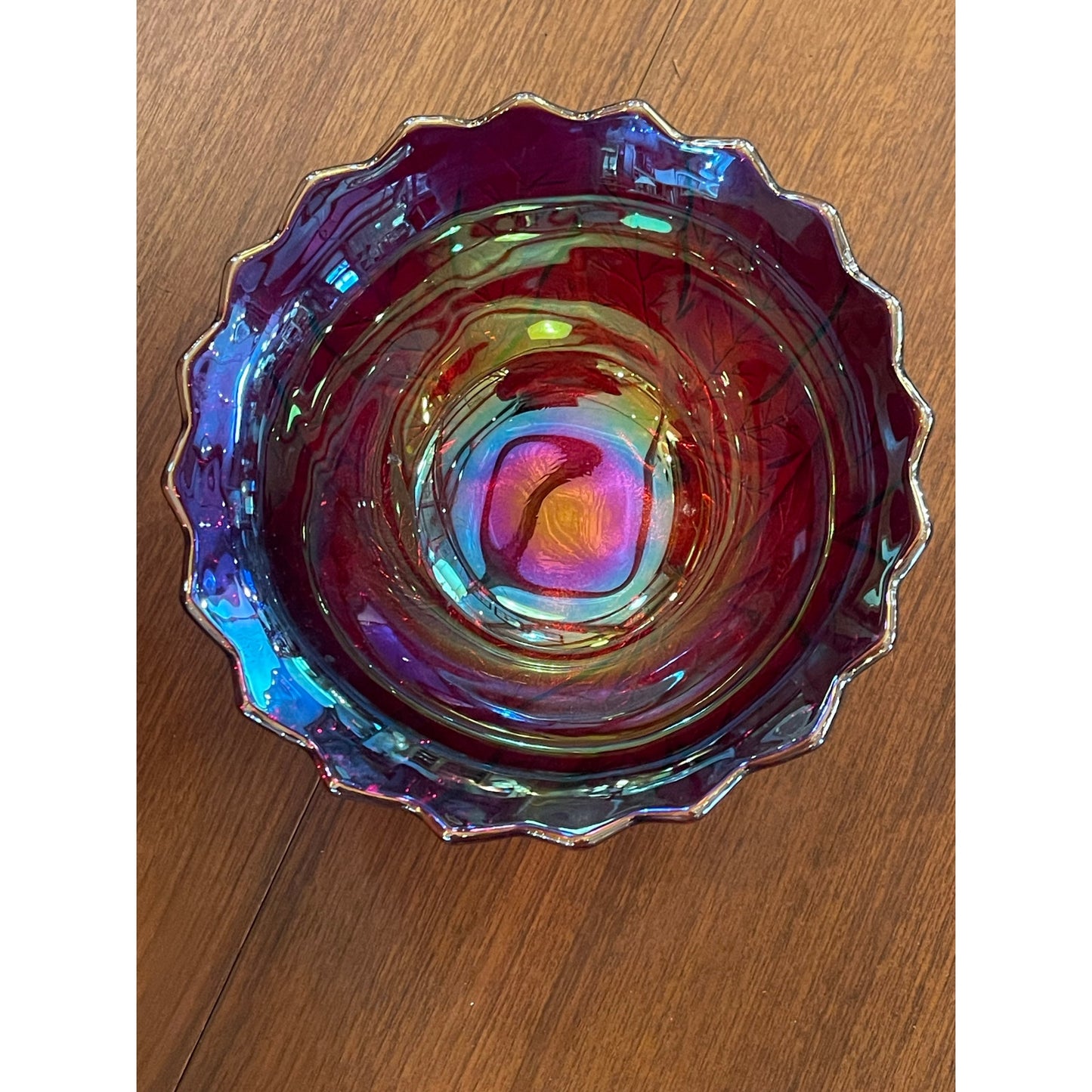 Vintage Imperial Red Iridescent Carnival Acanthus Leaf footed bowl