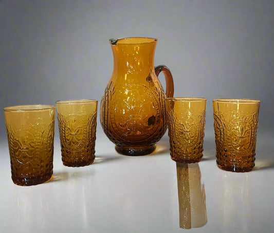 Vintage Fleur De Lis Amber Glass Service Carafe and Glasses