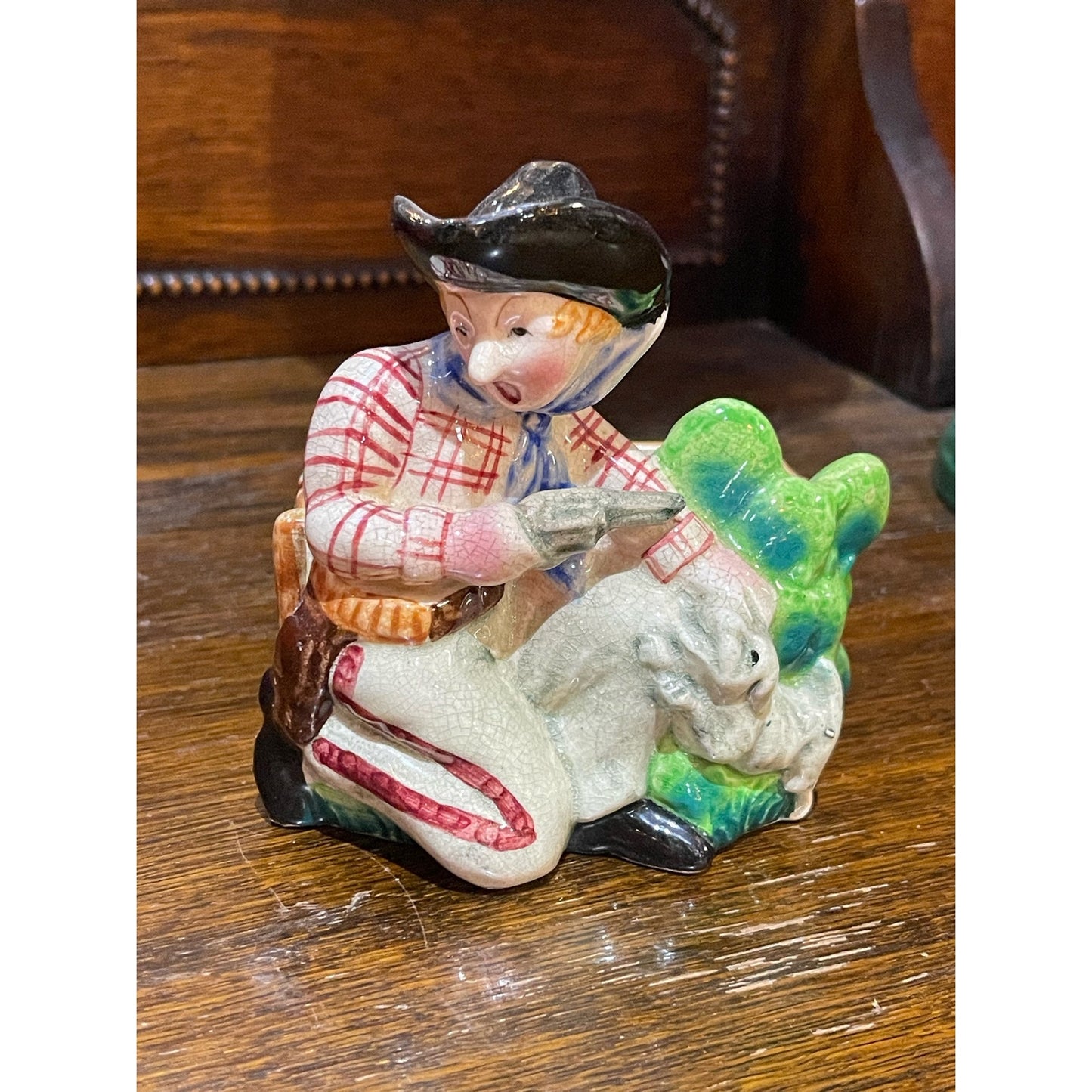 Vintage Ceramic Western Cowboy Gunslinger Cactus Dog planter handpainted Japan