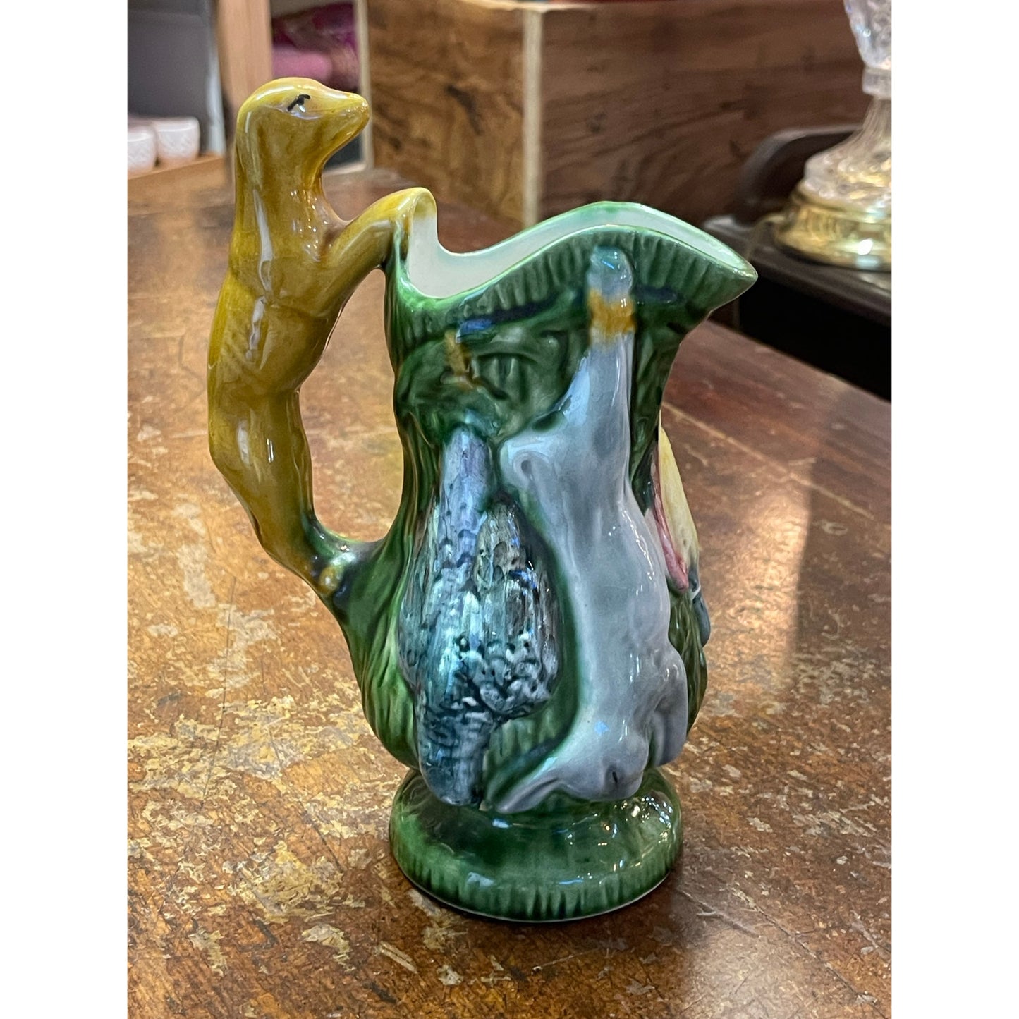 Vintage Majolica Hunting Dog Greyhound Rabbit Duck Handled Footed Pitcher