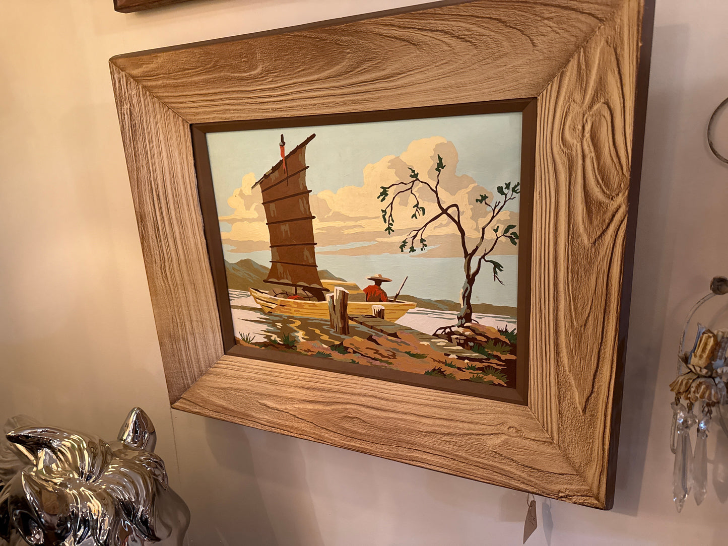 Vintage MCM Painting by Number pagoda asian inspired framed art