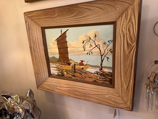 Vintage MCM Painting by Number pagoda asian inspired framed art