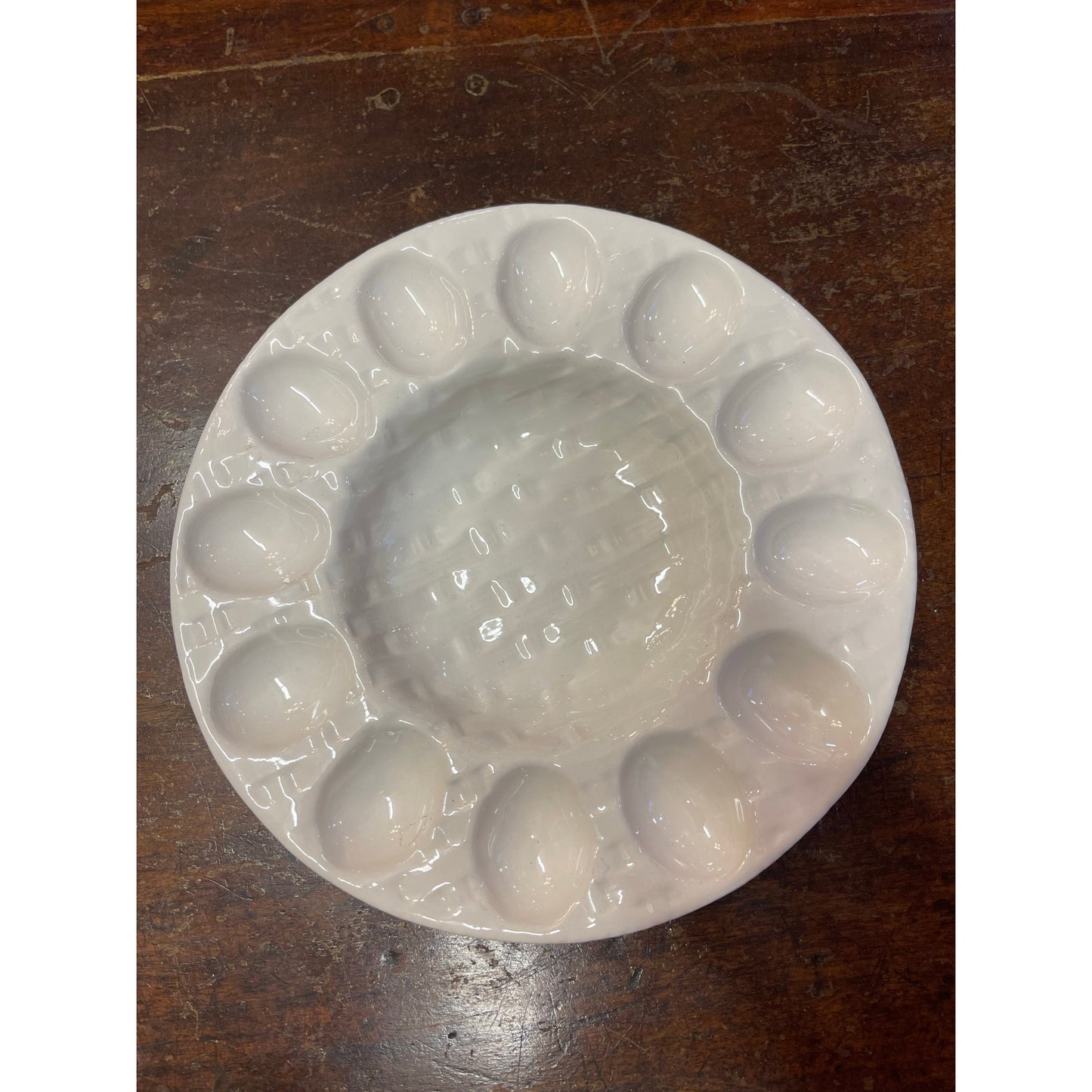 Vintage California Pottery white basket weave textured deviled egg serving plate