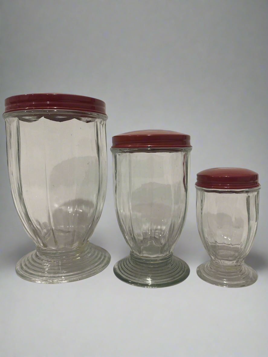 3 Glass Canisters red lid set