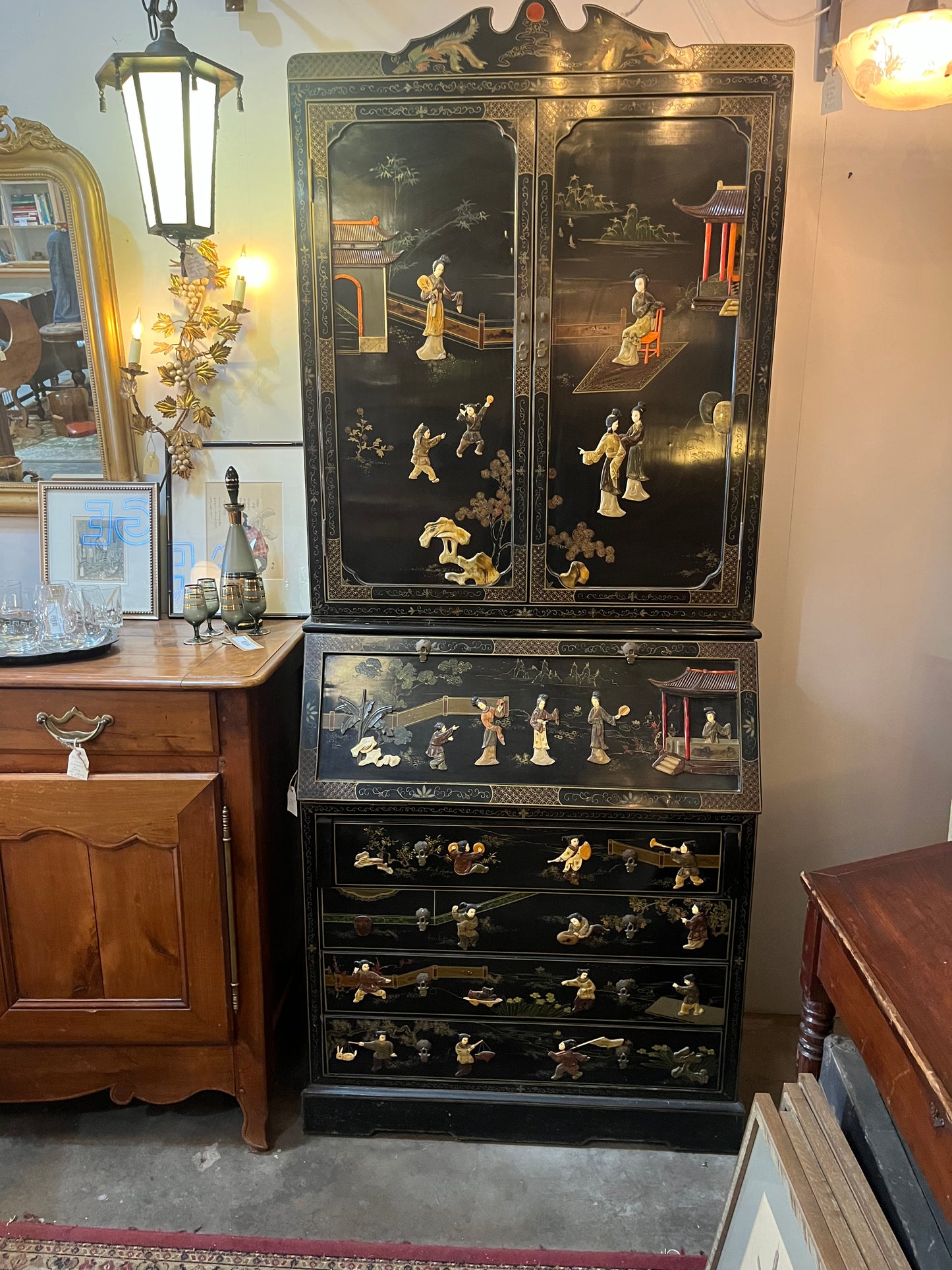 Vintage Black Chinese Chinoserie Secretary