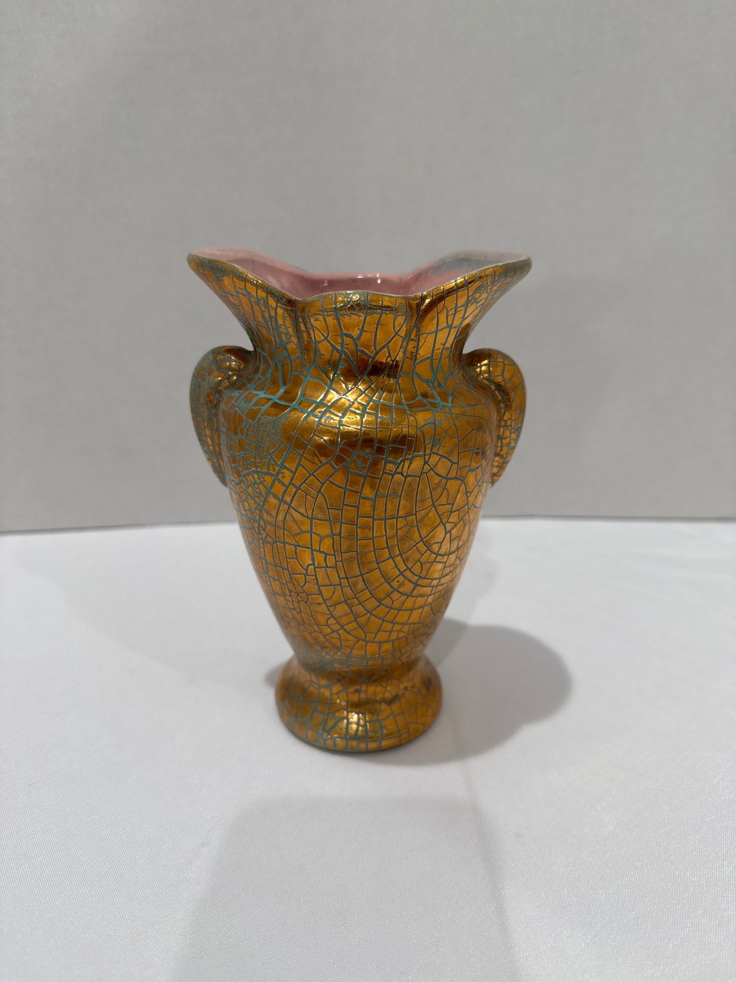 Vtg Gonder USA E Series Crackle Gold Turquoise Pink Glazed Vase