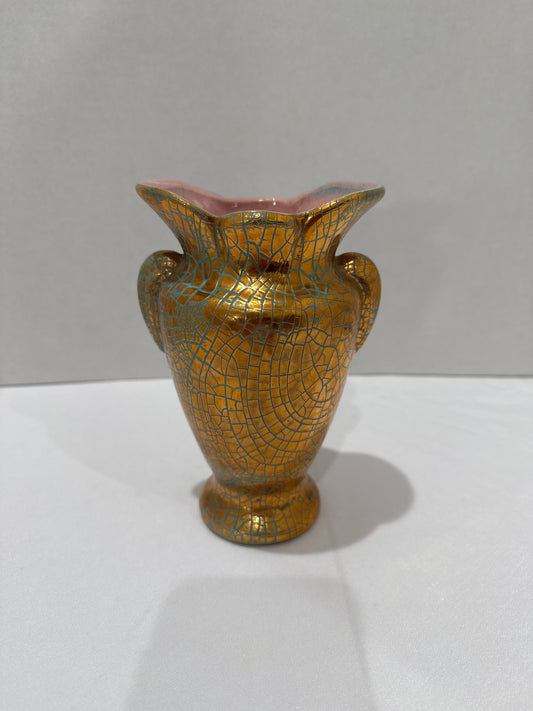 Vtg Gonder USA E Series Crackle Gold Turquoise Pink Glazed Vase