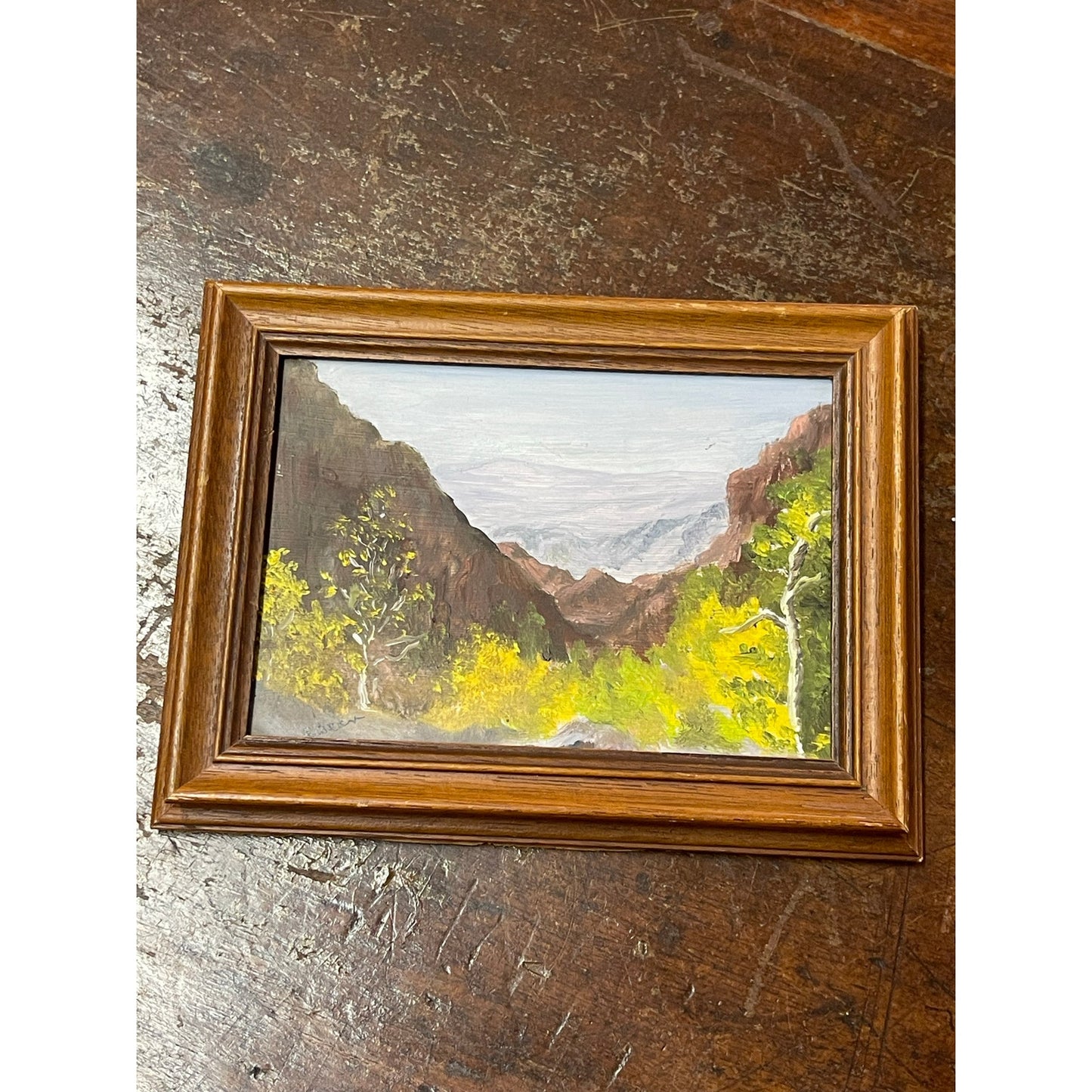 Vintage Framed Acrylic Mountain Scene Signed By Allene Bean 8.75" x 6.75"