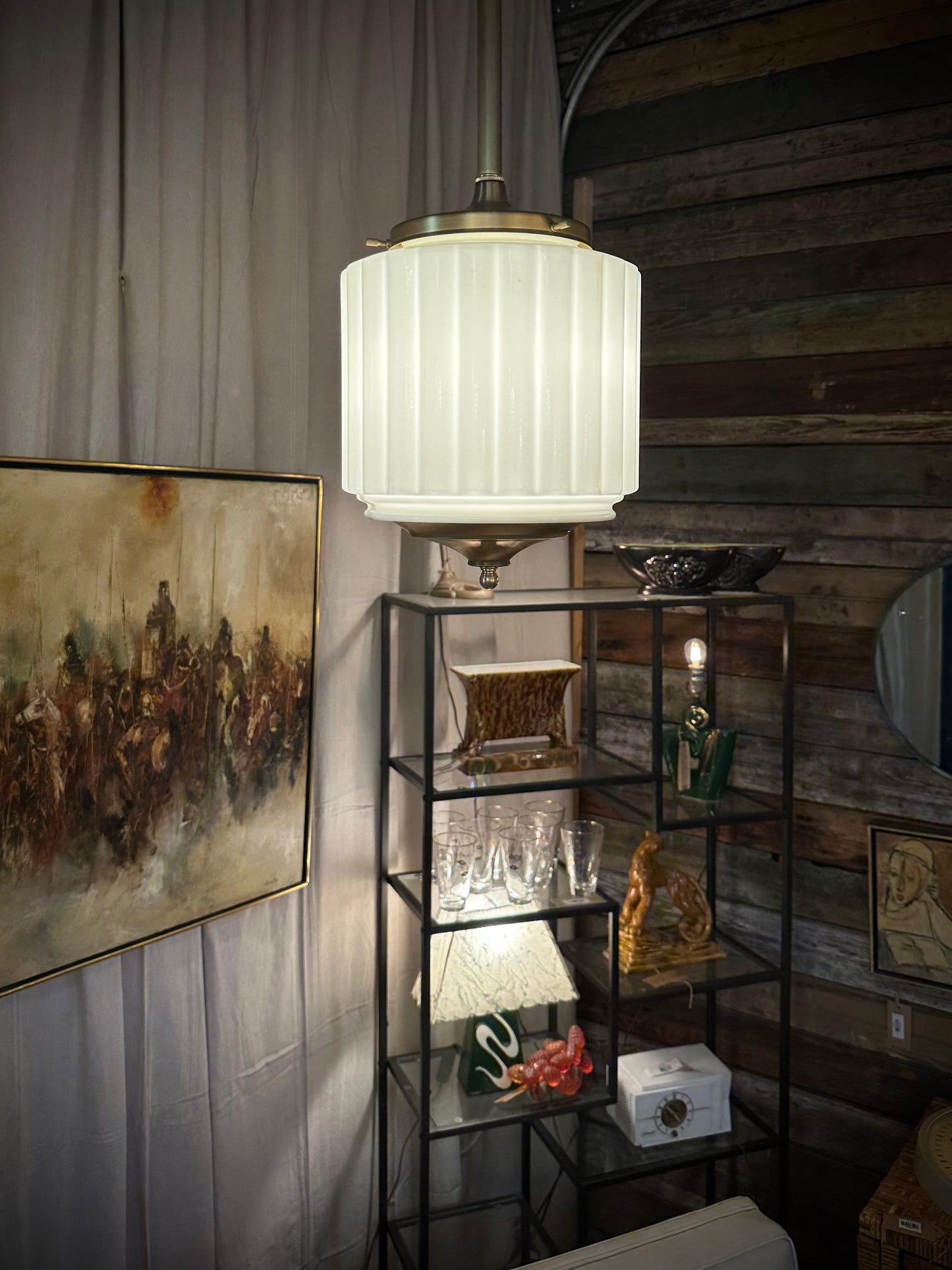 Vtg Ribbed Glass & Brass Pendant
