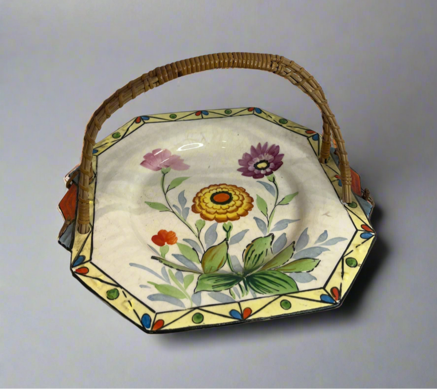 Vintage Hand Painted Floral Plate w/ Bamboo Handle