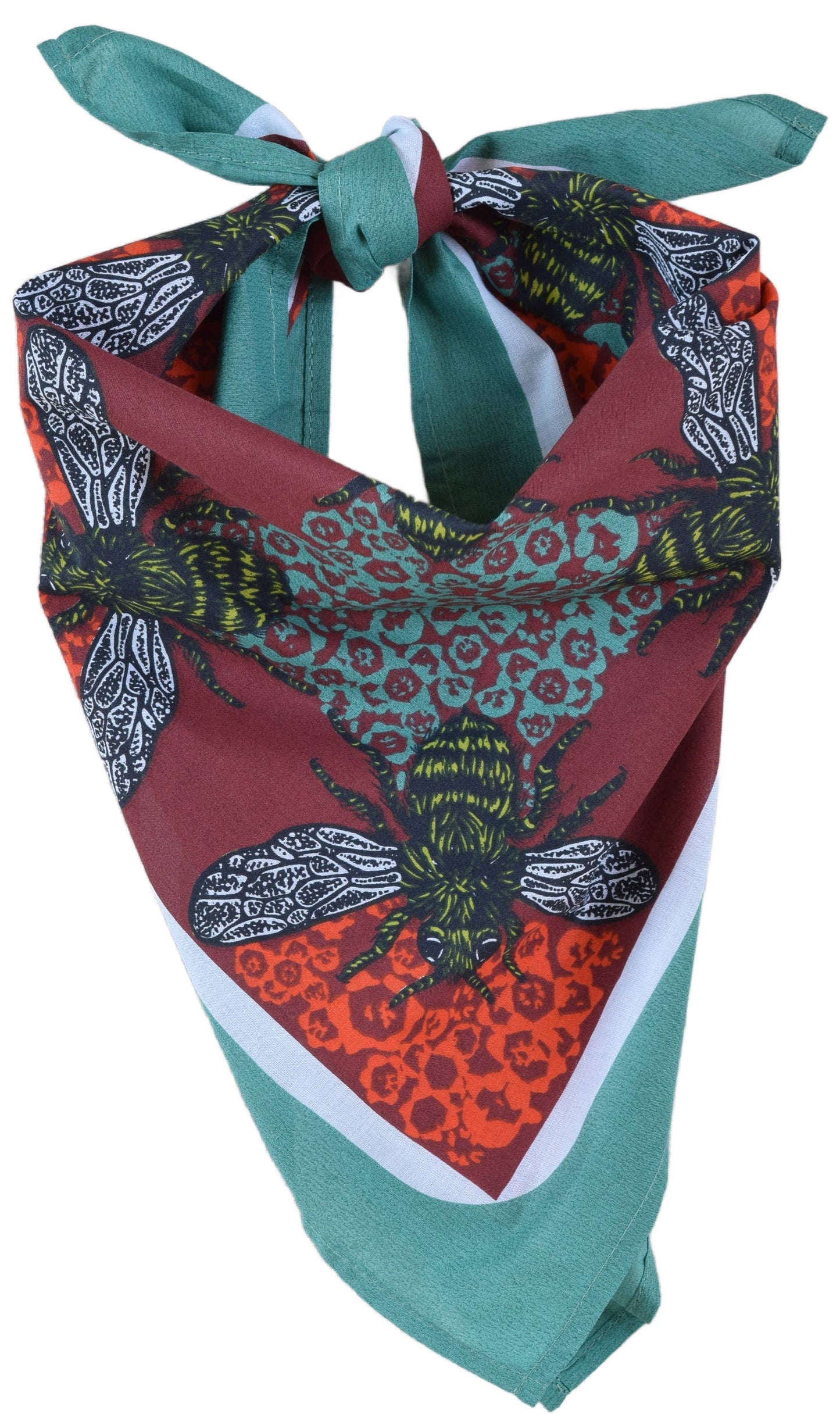 Honeybee Bandana - 100% Cotton - Red and Teal - Hand Printed