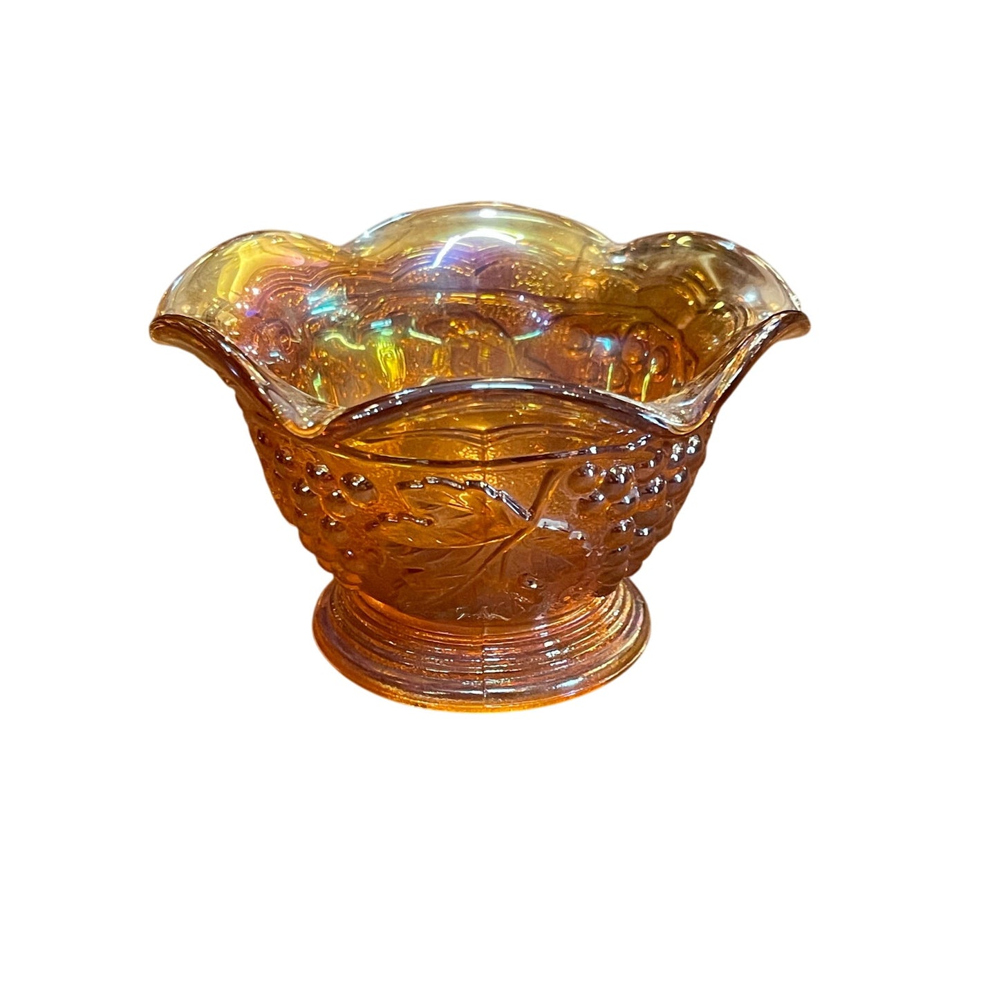 Vintage Imperial Glass Carnival Glass Grape and Leaf Design pedestal 4.5" bowl
