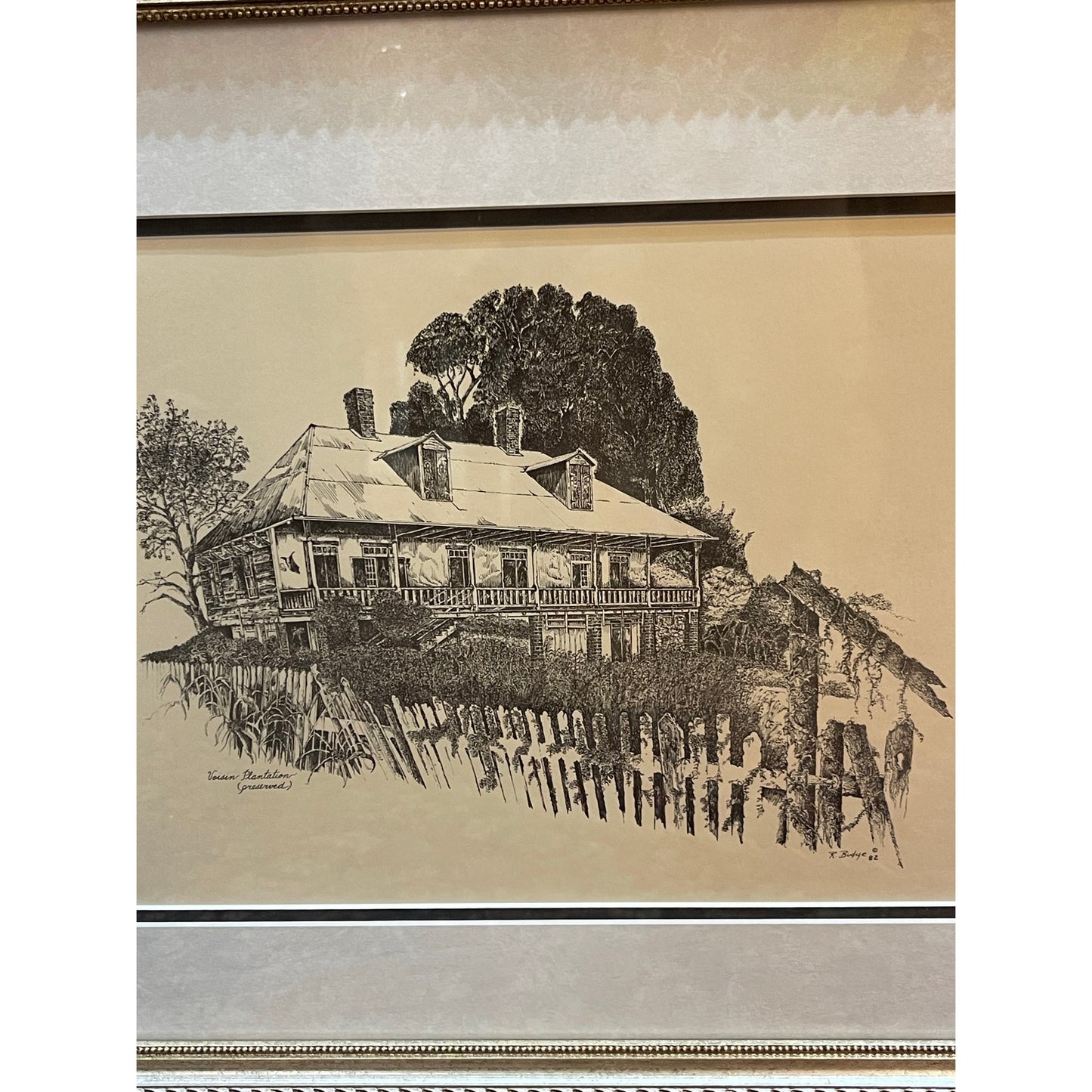 R. Budge pen and ink Voisin Plantation St. John Parish Louisiana framed wall art