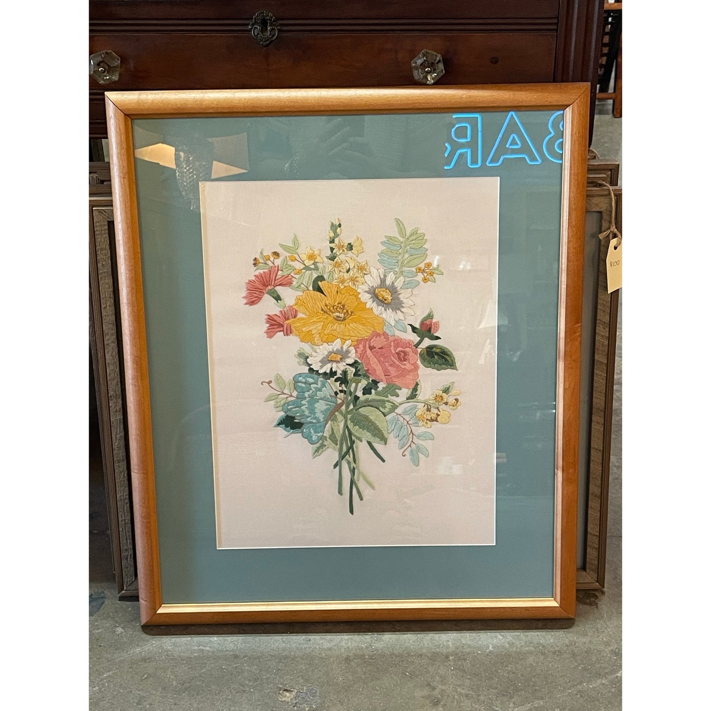 Vintage 1970's Mushroom Crewel Embroidered Floral Bouquet Framed Artwork