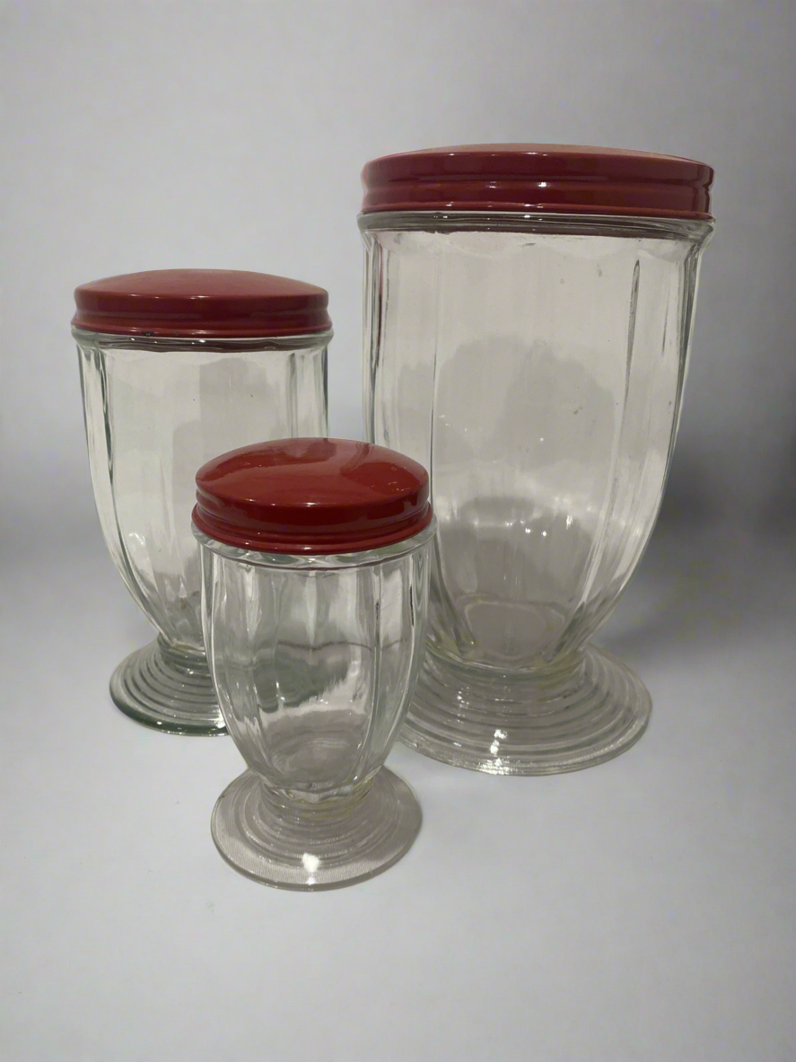 3 Glass Canisters red lid set