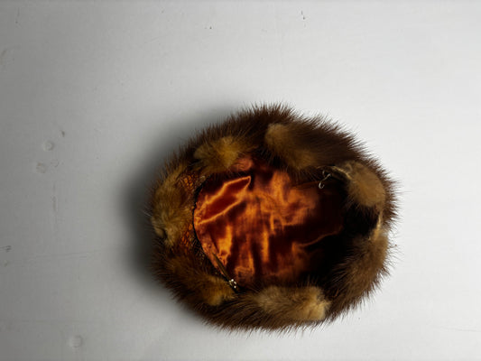 Vintage Brown Mink Fur Pillbox Hat with Satin Lining & Hair Comb Fastener CSHW