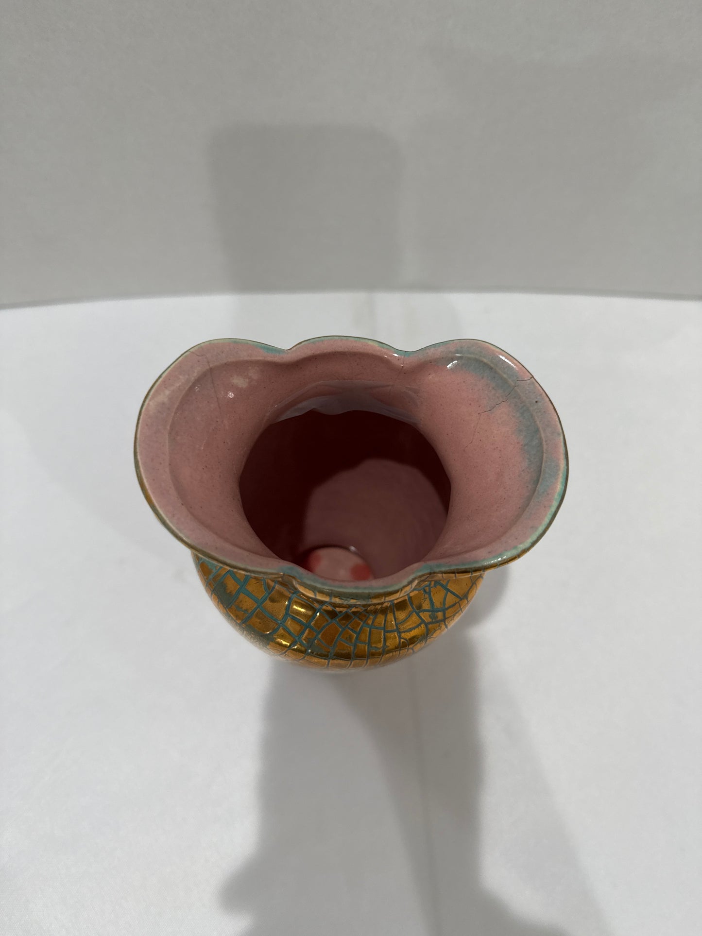 Vtg Gonder USA E Series Crackle Gold Turquoise Pink Glazed Vase