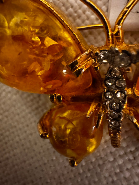Vintage Genuine Baltic Amber Butterfly Brooch | UV Reactive Statement Pin | Natural Sun Spangles csbh