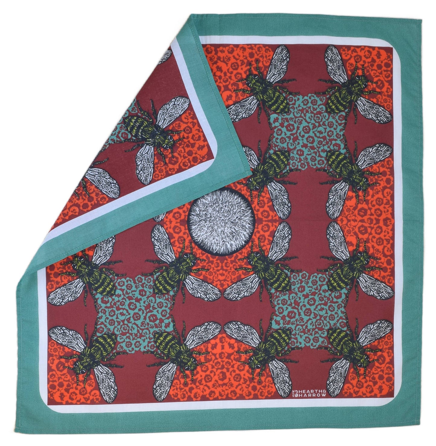 Honeybee Bandana - 100% Cotton - Red and Teal - Hand Printed