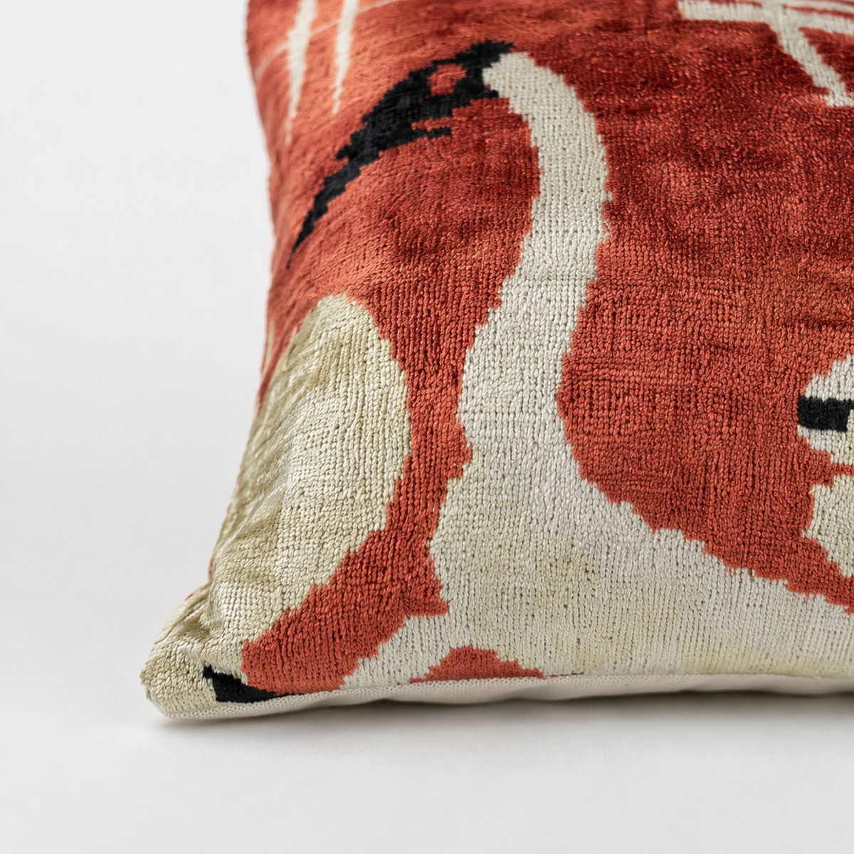 Handmade Coral Crane Ikat Velvet Lumbar Pillow