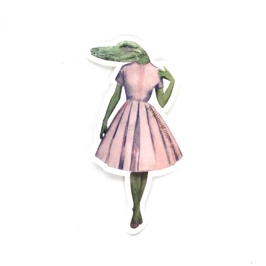 Pink Dress Alligator Lady Illustrated Animal Vinyl Sticker