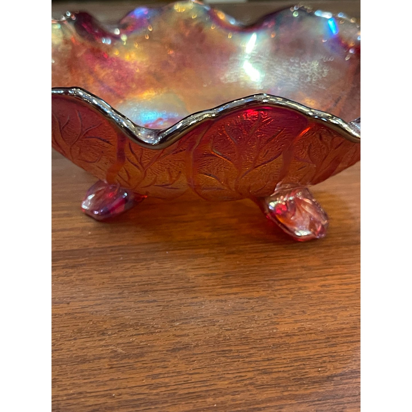 Vintage Imperial Red Iridescent Carnival Acanthus Leaf footed 6.75" bowl