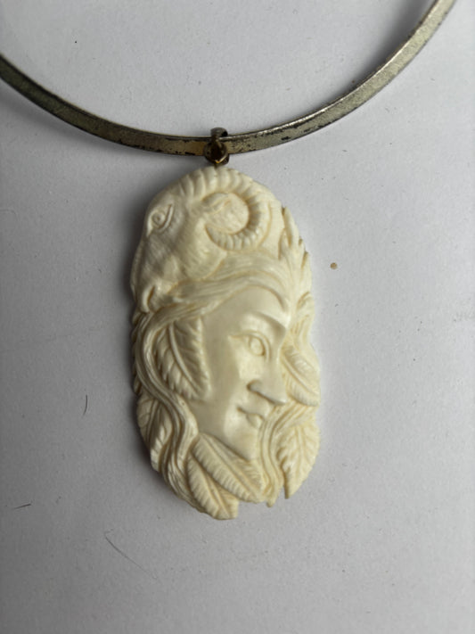 Hand-Carved Water Buffalo Bone Aries Pendant Necklace on Metal Collar Choker