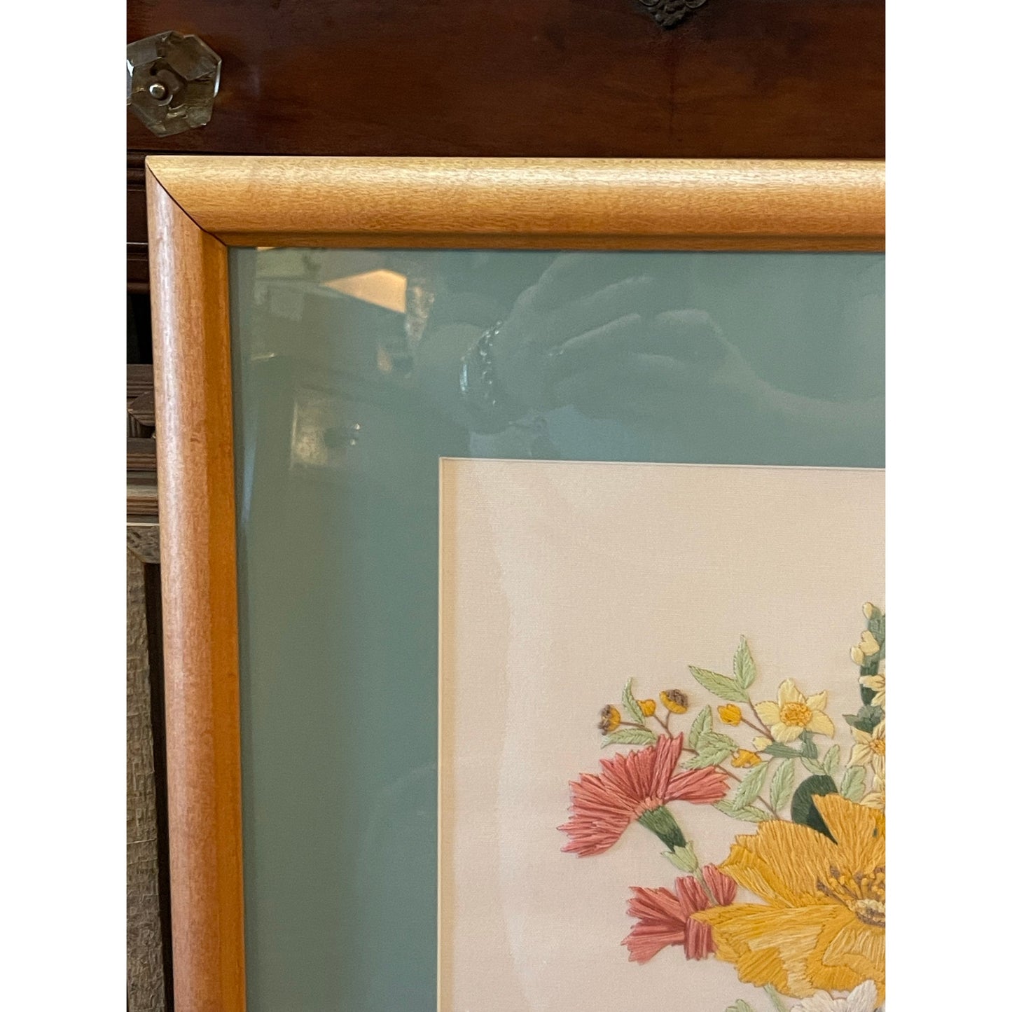 Vintage 1970's Mushroom Crewel Embroidered Floral Bouquet Framed Artwork