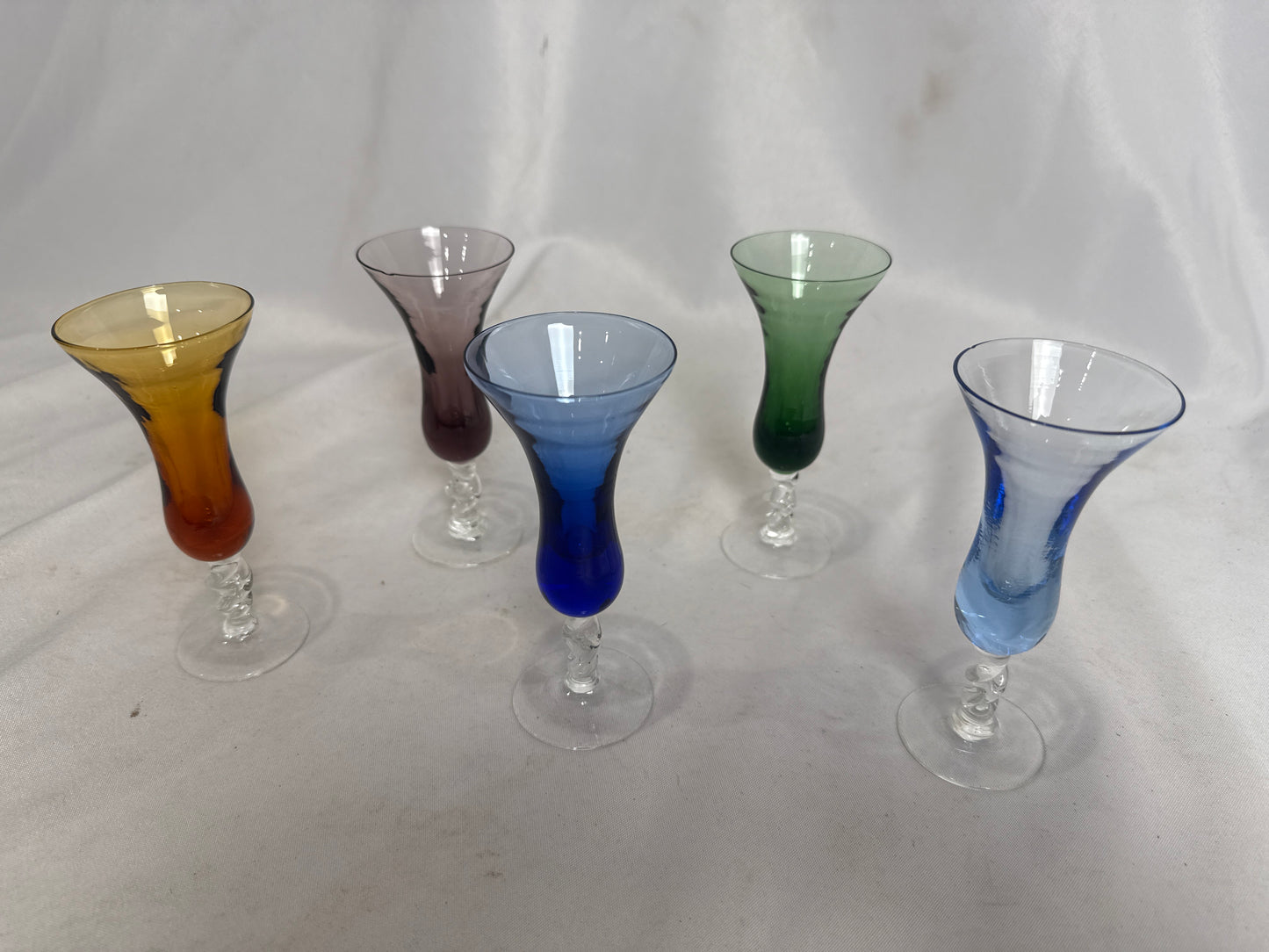 (5) Colored Glass Cordials-Knopped Stems