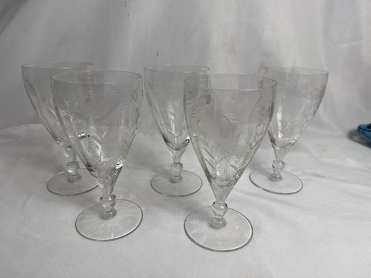 (5) Vtg Etched Stem Glasses