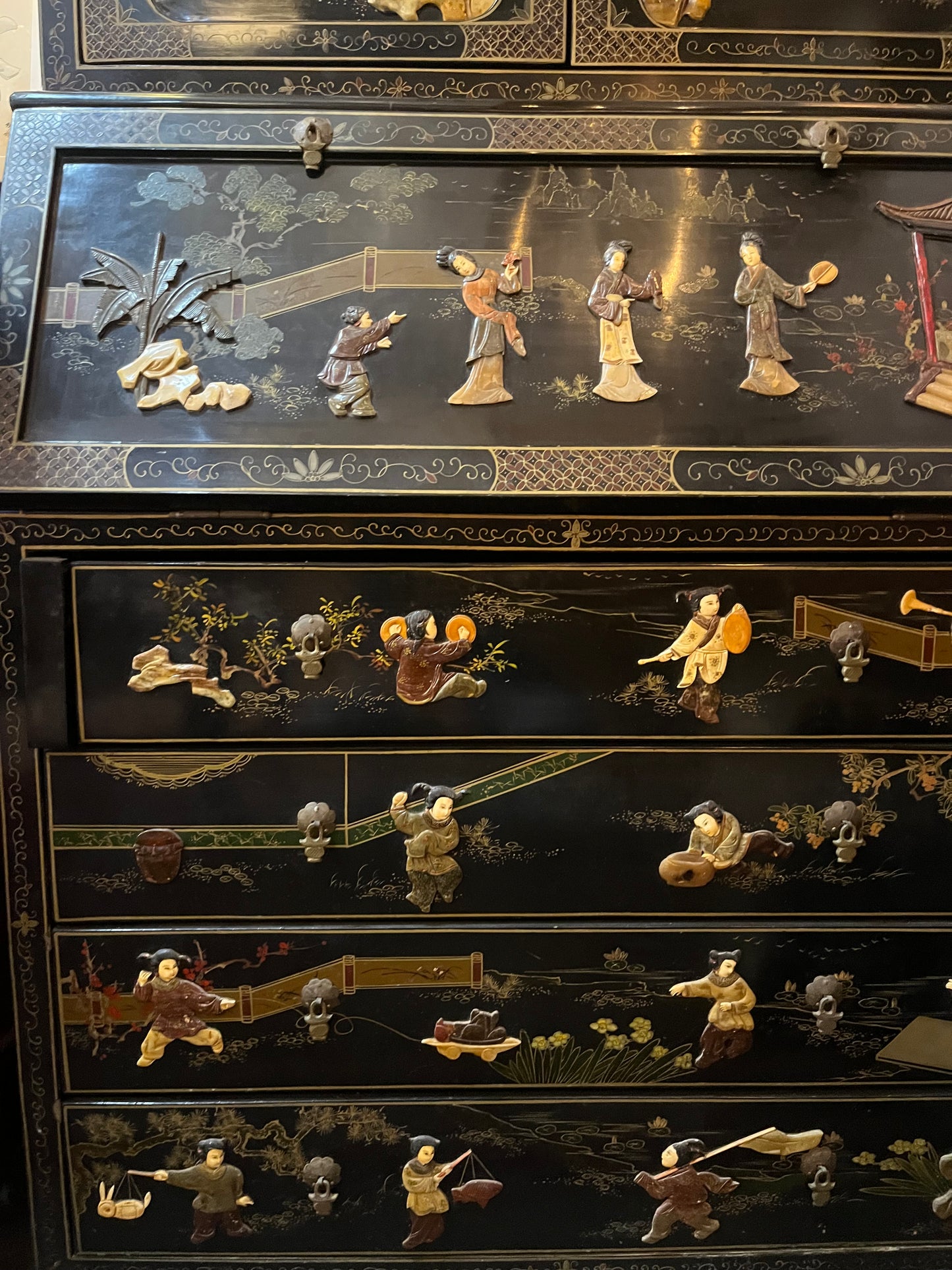 Vintage Black Chinese Chinoserie Secretary