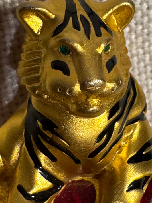 Signed Bob Mackie Vintage Tiger Brooch – Enameled Regal Tiger on Crimson Pillow csbh
