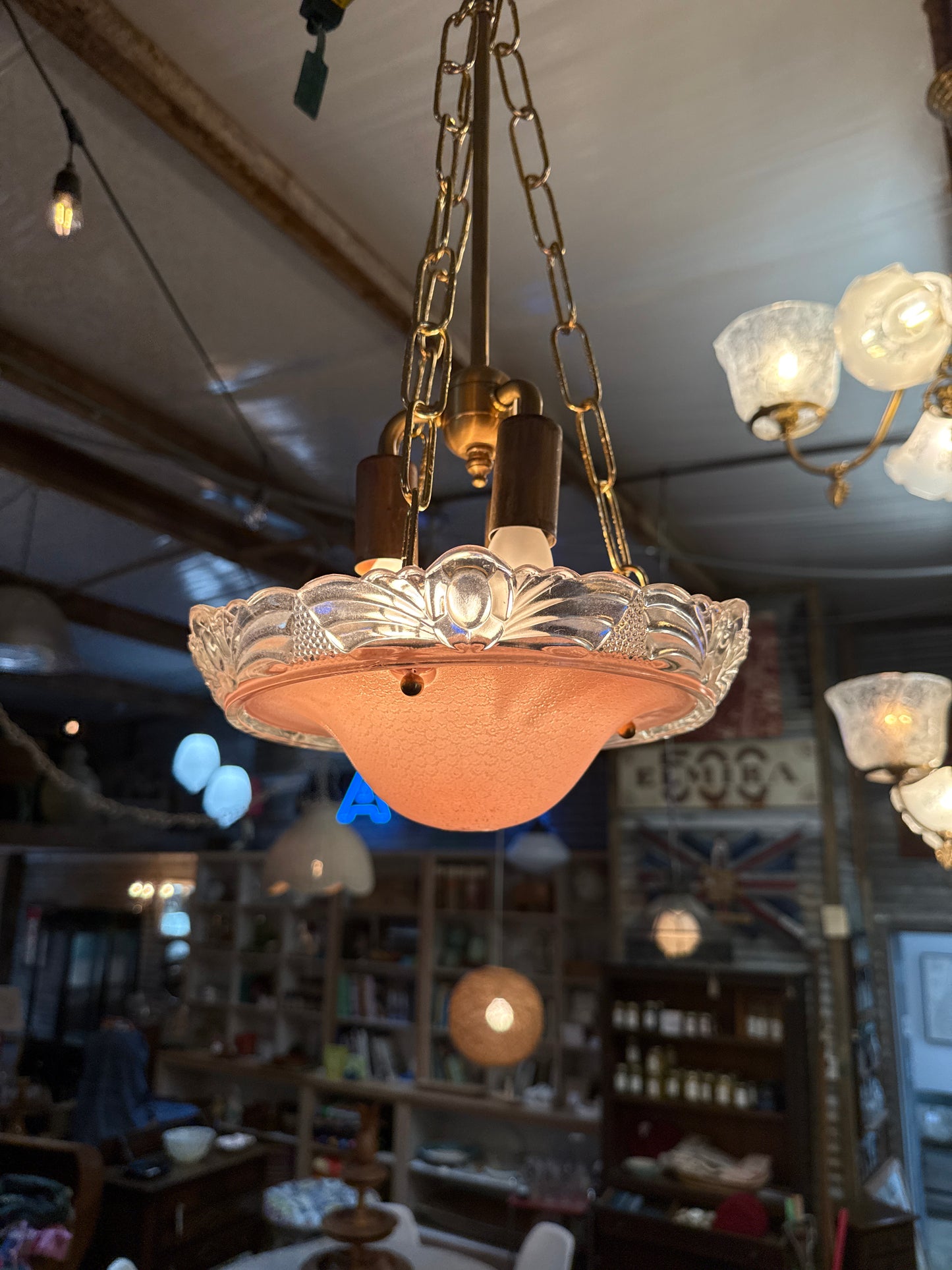 Pink Semi-flushed Beaded Chain Ceiling Light