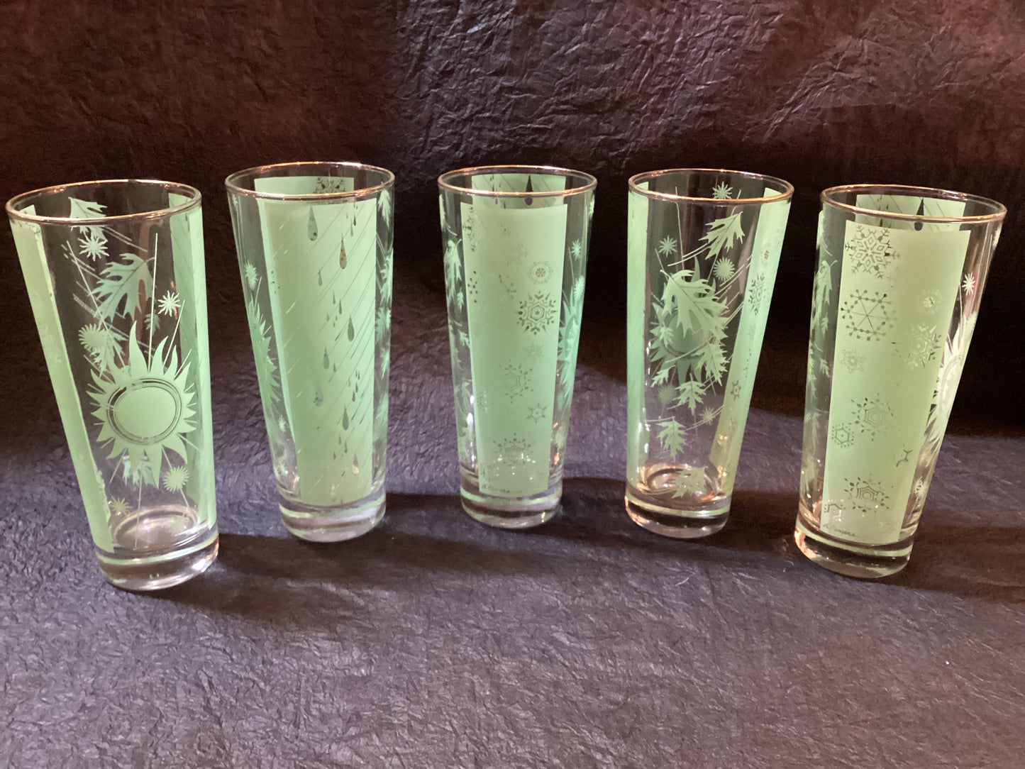 Vintage glass tumblers Celestial Four Seasons mint green signed A. Campbell (set of 5)